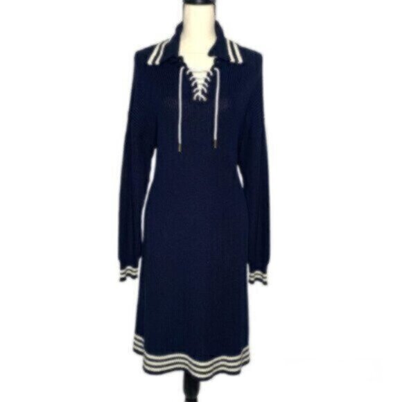 Ralph Lauren Blue & White Sweater Midi Long Sleeve Dress - Picture 1 of 11